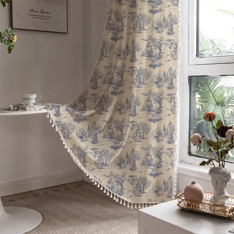 

Blue Retro Orchid Curtains French Rural And Pastoral Style Curtain With Broom Tassels Bedroom And Living Room