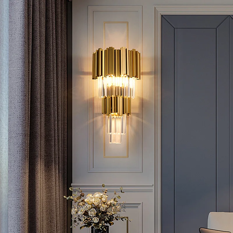 

Light luxury living room, bedroom bedside lamp, hotel luxury atmosphere aisle lamp, stainless steel K9 crystal wall lamp