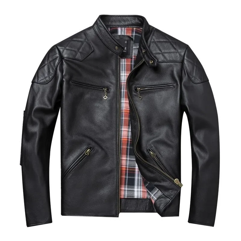 Black Spring Leather Jacket Men Stand Collar Plus Size 4XL Natural Cowhide Casual Style Slim Fit Genuine Leather Coat