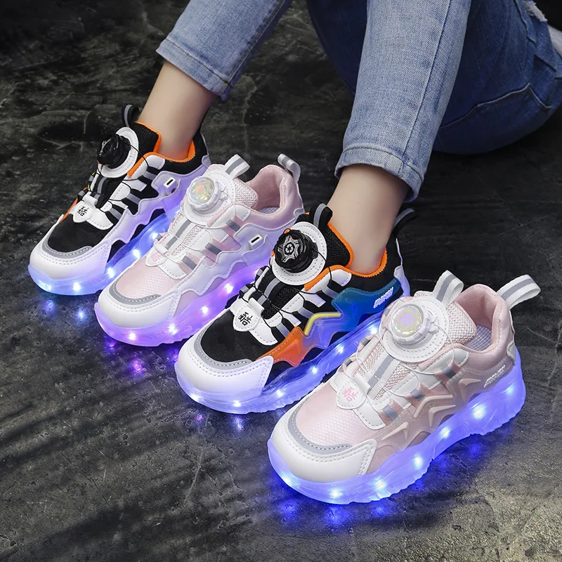 Zapatillas deportivas con botón giratorio para niños y niñas, zapatos con luz LED, informales, con cargador USB, talla 25-37