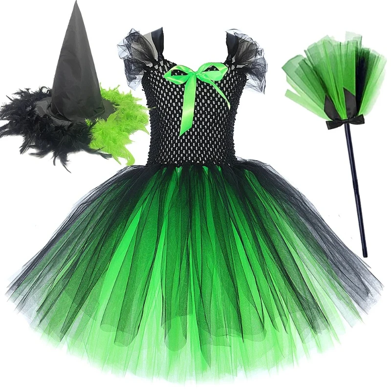 Green Black Witch Elphaba Dress for Girls Halloween Fancy Dresses with Hat Broom Set Kids Wicked Disguise Tutus Children Outfit