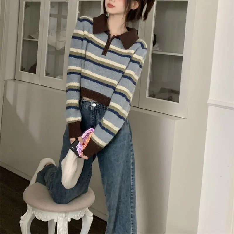 Vintage Polo-Neck Zipper Sweaters Women\'s Clothing Contrasting Colors Striped Autumn Winter Long Sleeve Loose Knitted Jumpers