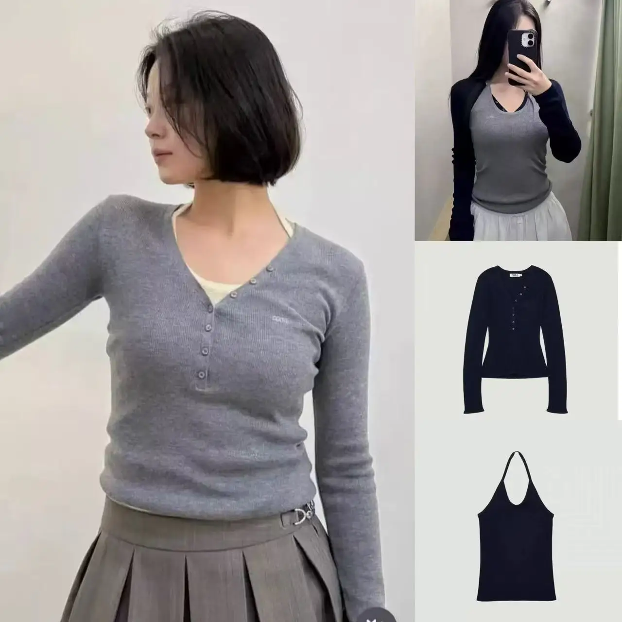 

Slimming V-Neck Knitted Top with Button Detail And Hanging Strap for Layering High Waist Straight Cut Pants Spring Fashion Set
