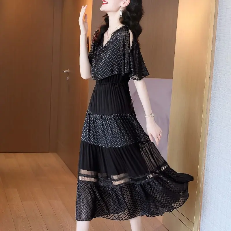 Summer New Stylish Off Shoulder Midi Dress Elegant V-Neck Female Clothing Hollow Out Lace Patchwork Commute A-Line Waist Dresses