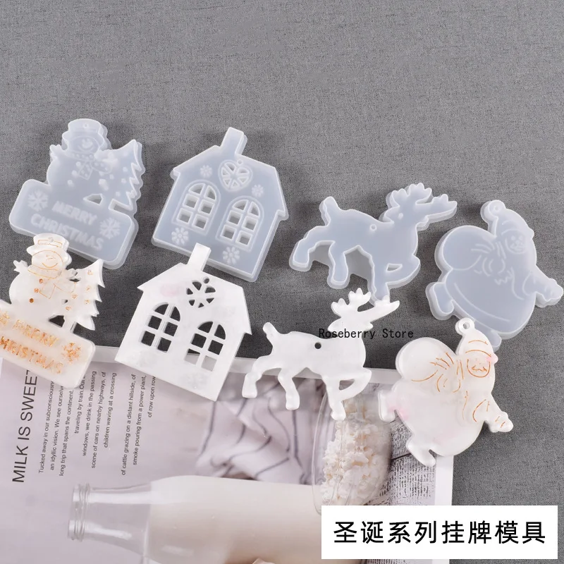 Diy Crystal Epoxy Resin Molds Christmas Decor Elk Santa Claus Merry Christmas House Hanging Silicone Mold Cake Decorating Tools