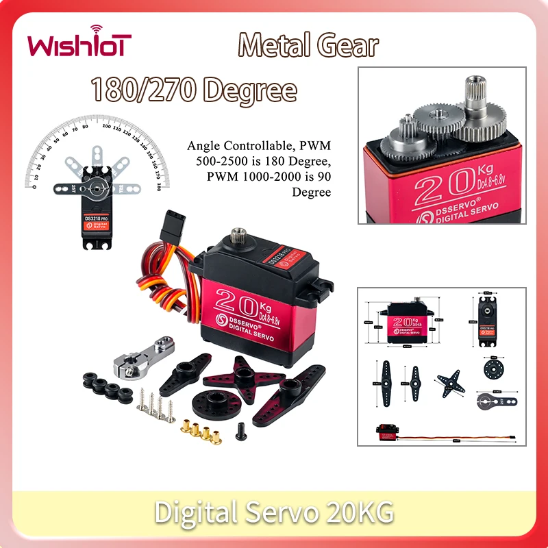 

DS3218MG Pro Digital Servo 20KG High Speed Metal Gear Waterproof IP66 180/270 Degree with 25T Arm for RC Car Robot DIY Toy