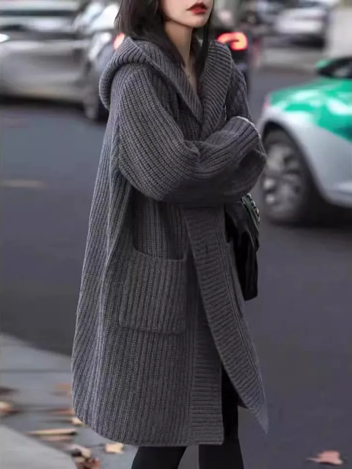 plus Size Knitted Open Cardigan Sweater Women's Loose Fit Thickened Lazy Style Versatile Autumn Winter Warmth Heating Long Sl...