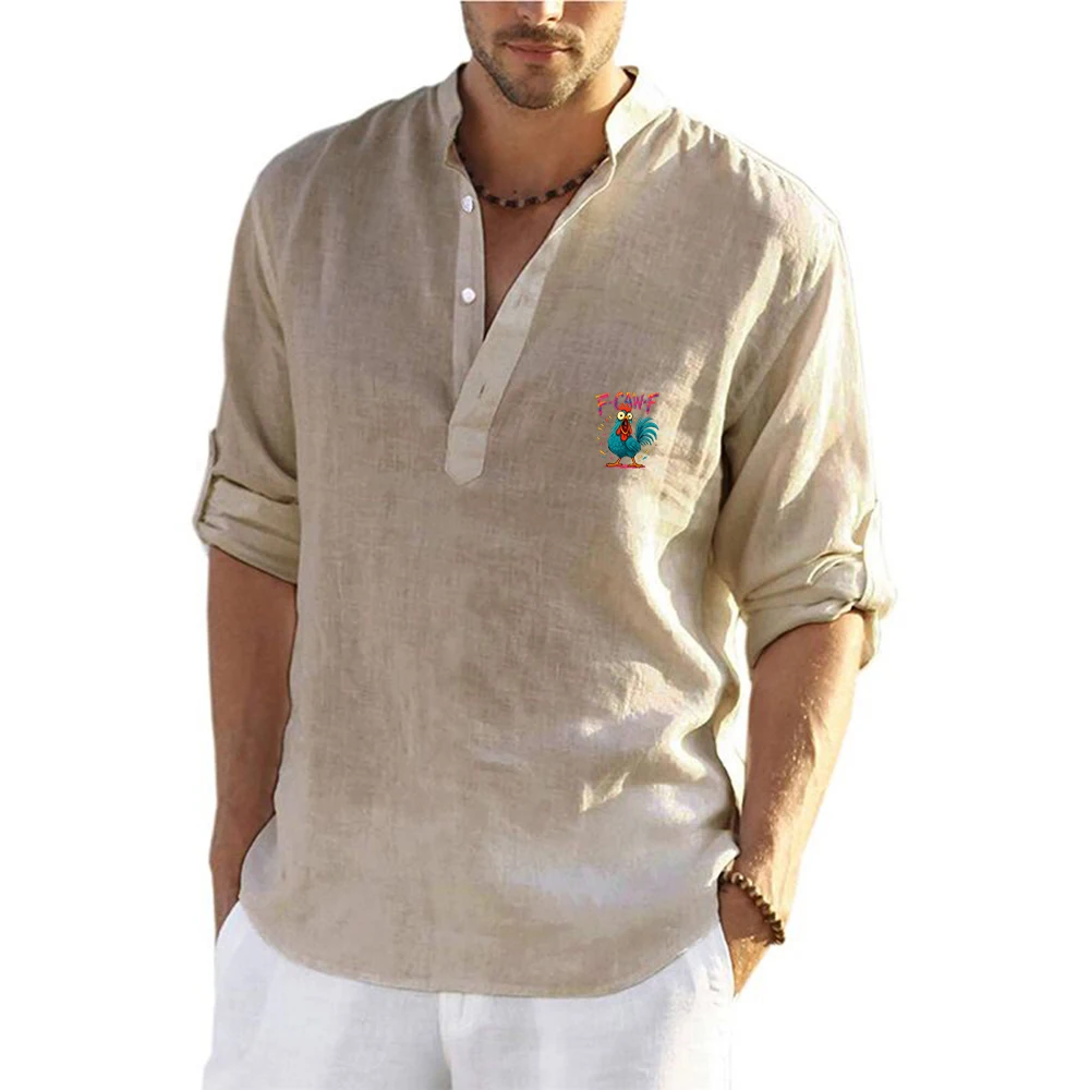 F Caw F Chicken Casual Breathable Pure Linen Long Sleeve Shirt Versatile Vacation Collar Shirt Men's Fashion Popular Top