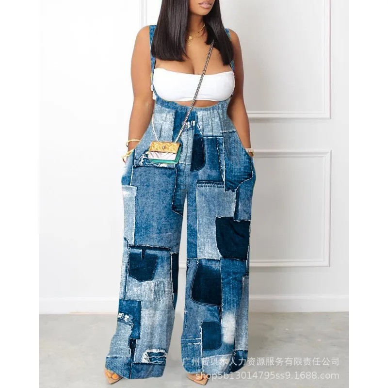 Mandylandy Summer Loose Jumpsuits Women Summer Overalls Straight Pants Streetwear Jumpsuits Denim-like Printed Wide-Leg Overalls