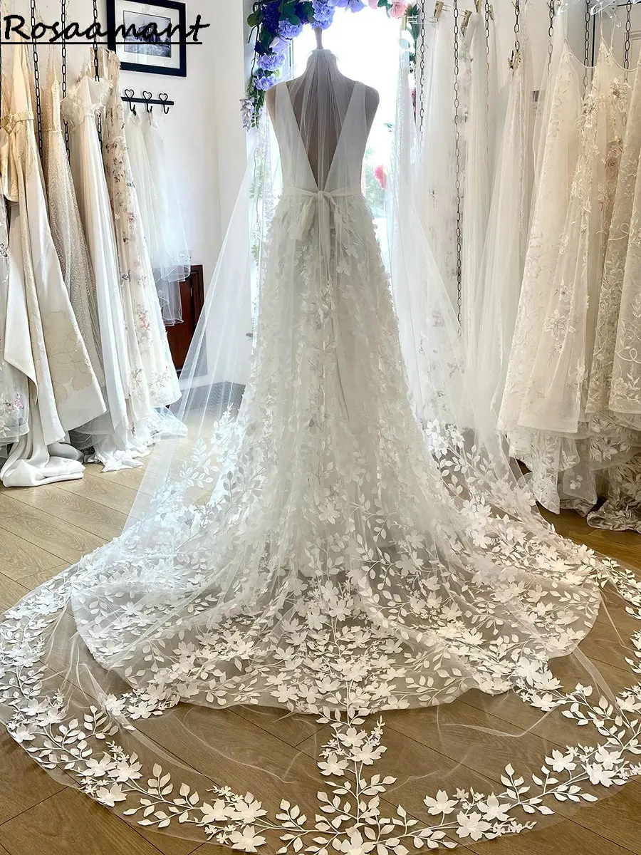 Real Image Deep V-Neck Open Back Belt A-Line Wedding Dresses Sleeveless 3D Flowers Lace Boho Country Bridal Gowns