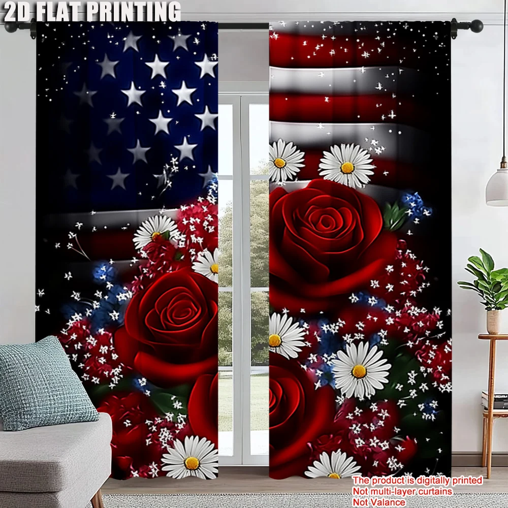 

2Pcs American Independence Day Flag Daisy Flower Printed Window Curtain For Bedroom Office Kitchen Living Room And Study Heat