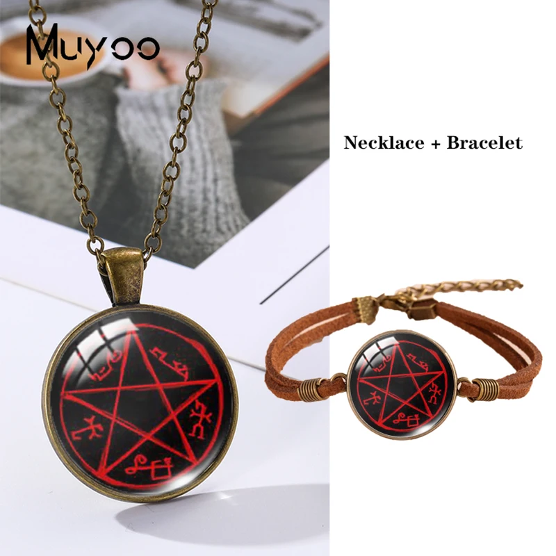 2023 New Arrival Fashion Devils Trap Supernatural Bronze Plated Pendant Bracelet Handmade Necklace Leather Bracelet Jewelry Set