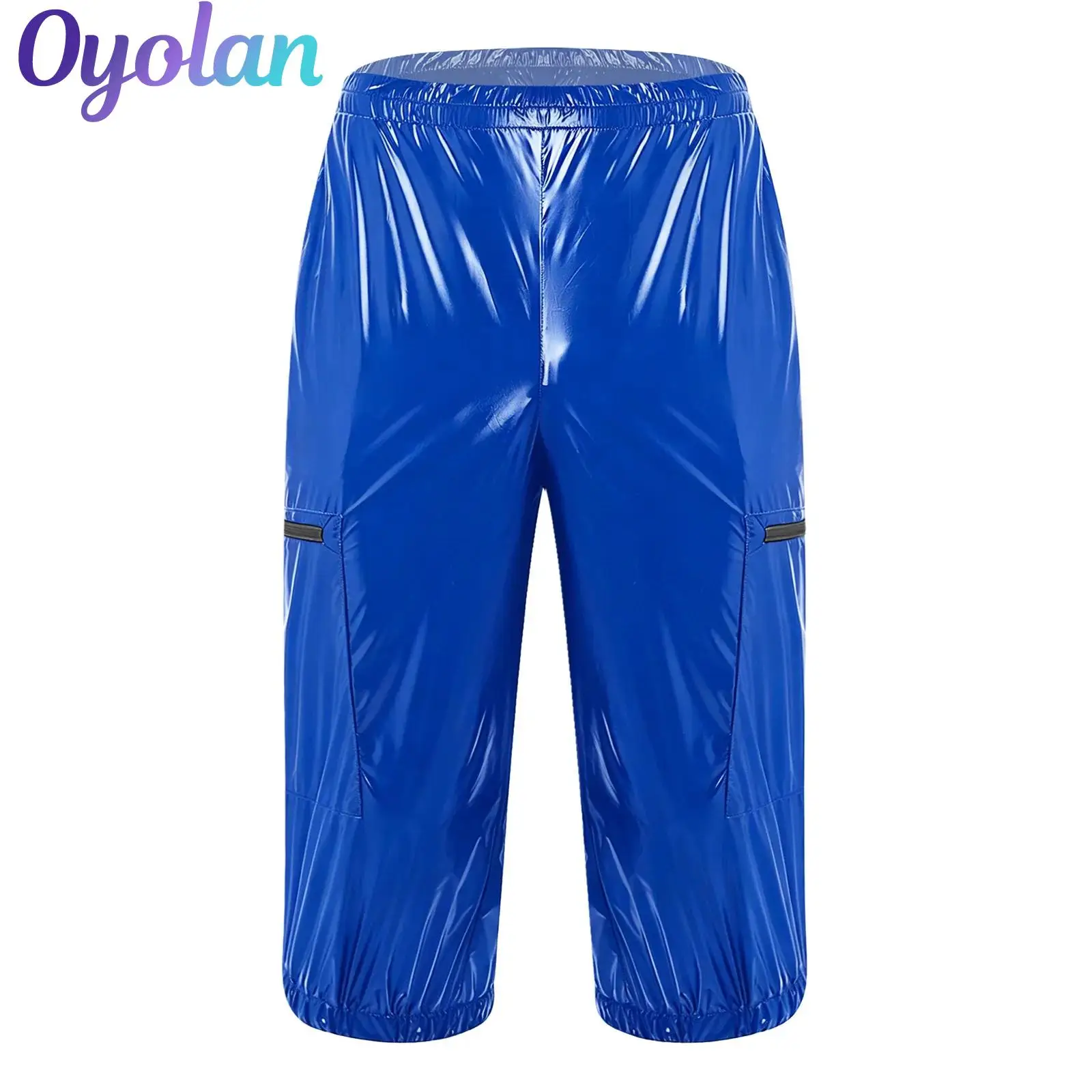 

Mens Glossy Cropped Cargo Pants Casual Streetwear Shiny Multi-pocket Zippers Waterproof Overalls Capri Pants Rave Party Clubwear