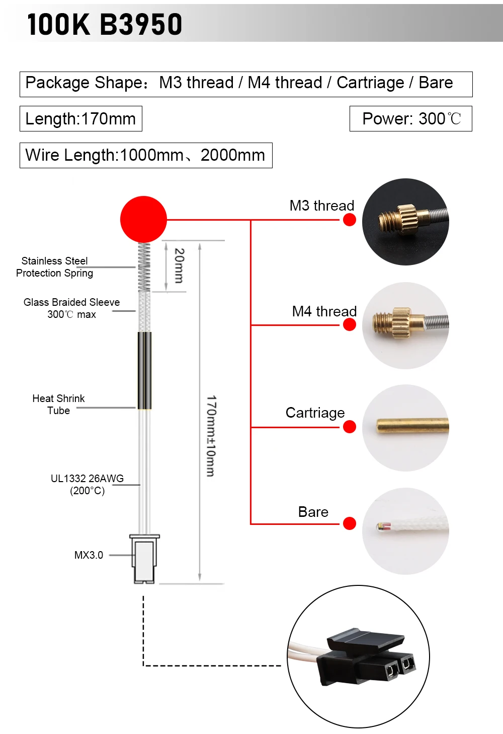 Trianglelab ® NTC 100K Ohm B3950 Thermistor-Kartuschensensor für Hohe Temperaturen bis 280°C ℃ für V6 PT100 V6 Heizblock 3D-Drucker – Detail 29
