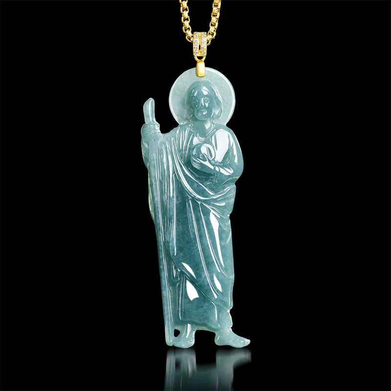 Natural Burmese Jadeite St. Jude Pendant Necklace Fashion 925 Silver Gemstone Real Jade Accessories Jewelry Gifts for Women