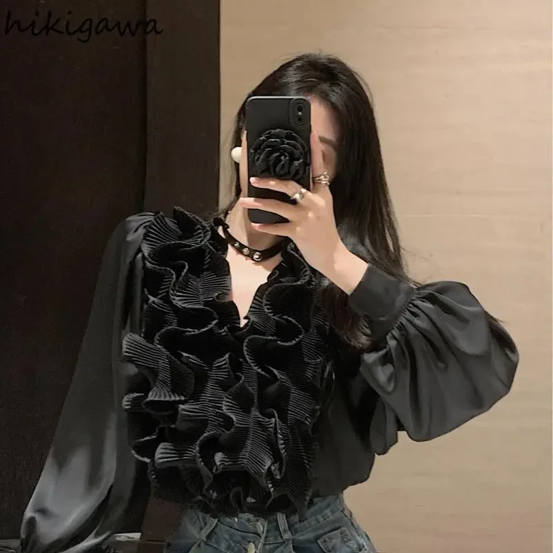 Temperament Lady Tops Blouses for Women V-neck Long Sleeve White Shirts 2024 Blusas Mujer De Moda Ruffles Loose Summer Blouse