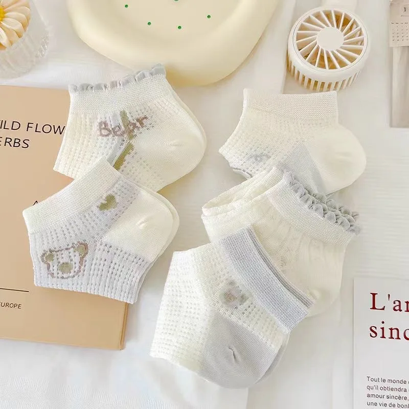 Dreamlikelin, 5 пар/упак., четырехсезонные женские носки, новые короткие носки с милым принтом медведя, носки до щиколотки для девочек в корейском стиле