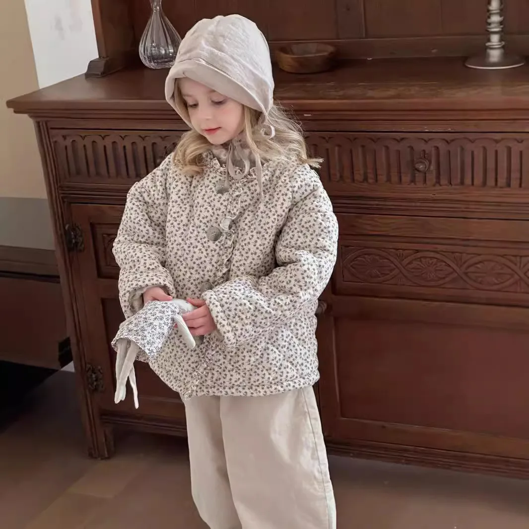 

Baby Girls Parkas Floral Lace Thicken Fashion 2024 Winter New Korean Style Childrens Coats