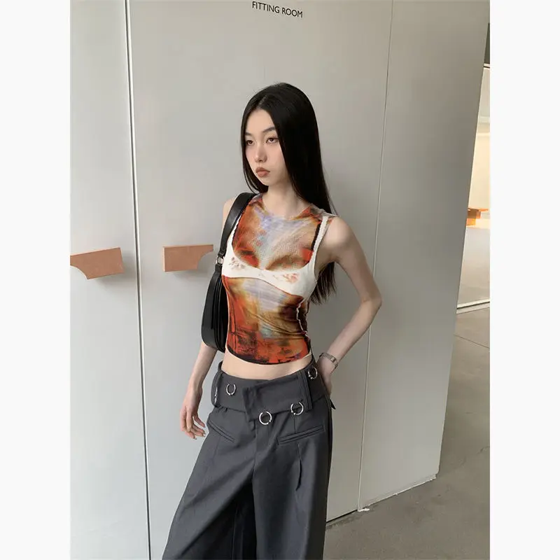 

Retro Spicy Girls Color Contrast Printed Top Summer Round Neck Sleeveless Crop Top Street Y2k Slim Outerwear Vest