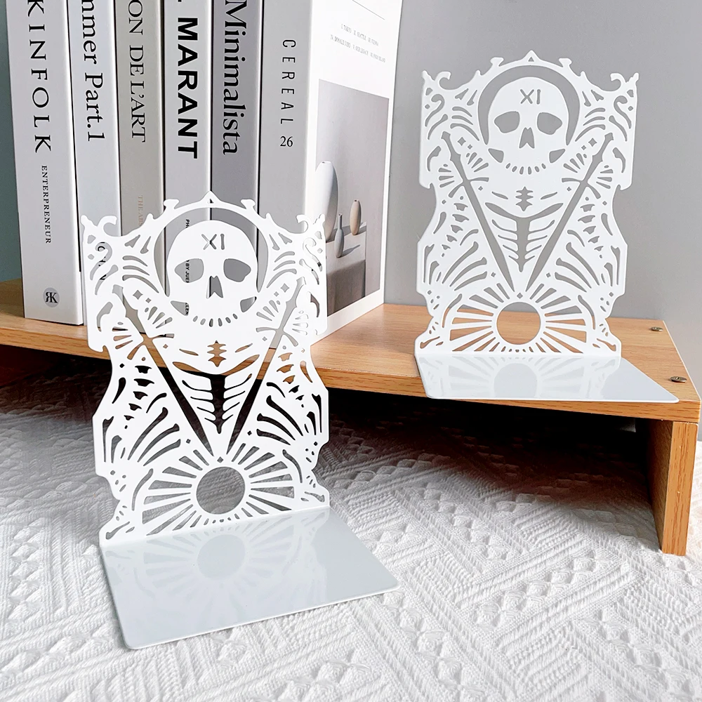 Imagem -04 - Crânio Branco Bookends Metal Craft Bookends Antiderrapante Resistente Presente para Amantes do Livro Desktop Material de Escritório Ferro Bookend