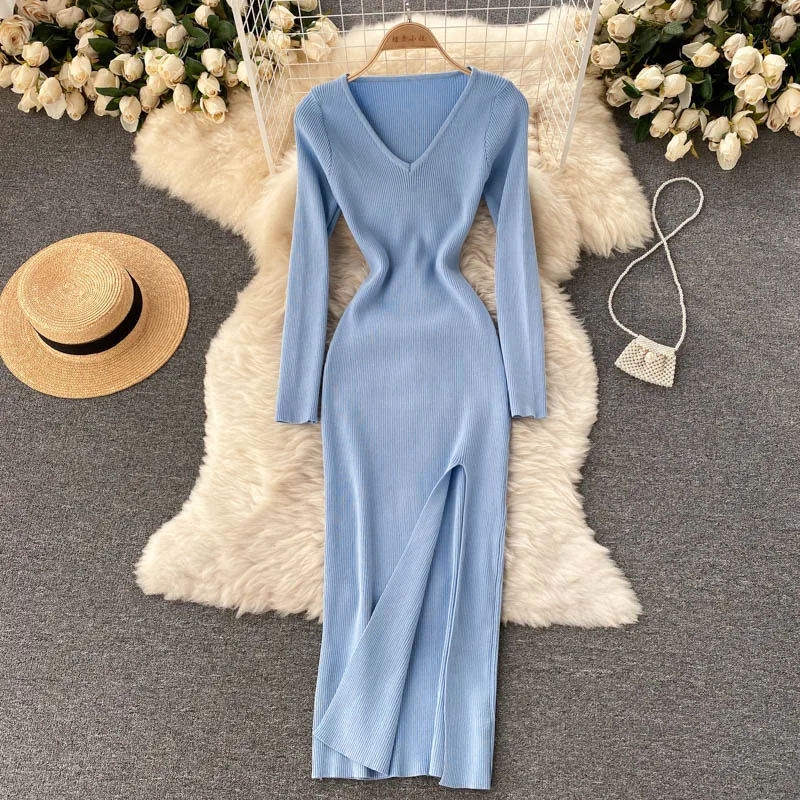 Herbst Winter Sexy High Split Pullover Kleid Frauen Volle Hülse Grundlegende Dünne Elastische Bodycon Lange Kleid Party Vestidos