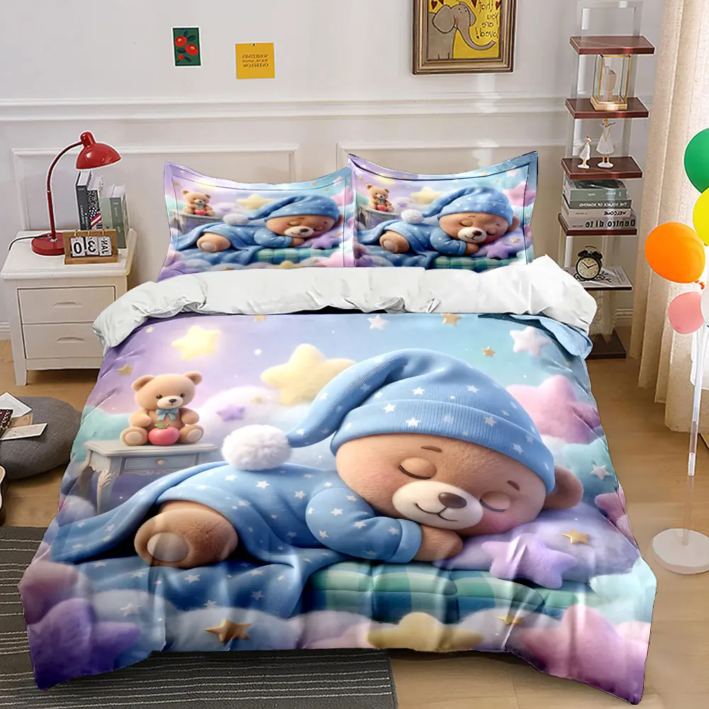 Sleeping teddy bear in dreamland Bedding Set for Kids Luxury Gift 3pcs Digital Print Comforter Set Soft Comfortable Breathable