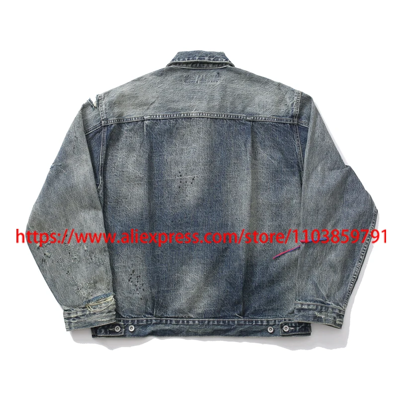 High Street Trend NBHD Denim Jacket Fashionable Patchwork Ripped Hole Colored Line Retro Casual NBHD Sweatshirts Coats