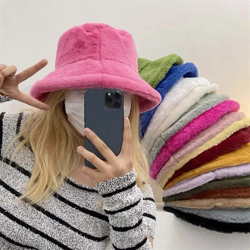 Thicken Autumn Winter Warm Plush Panama Casual Hats for Women Soft Faux Rabbit Fur Bucket Hat Solid Ladies Fisherman Caps Bonnet