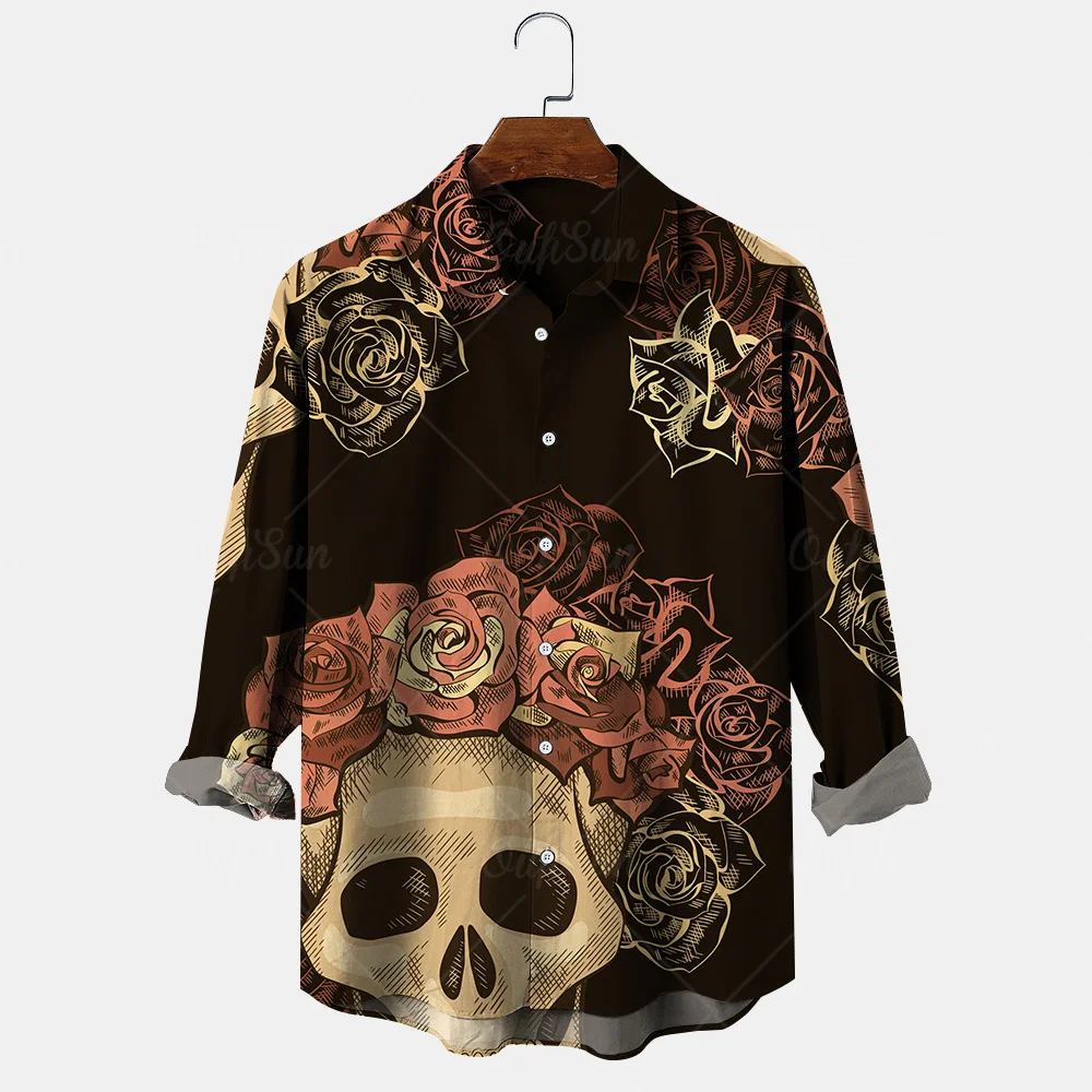 Chemise décontractée à manches longues pour hommes et femmes, chemise à revers, impression 3D, impression tête de mort et fleur, mode estivale