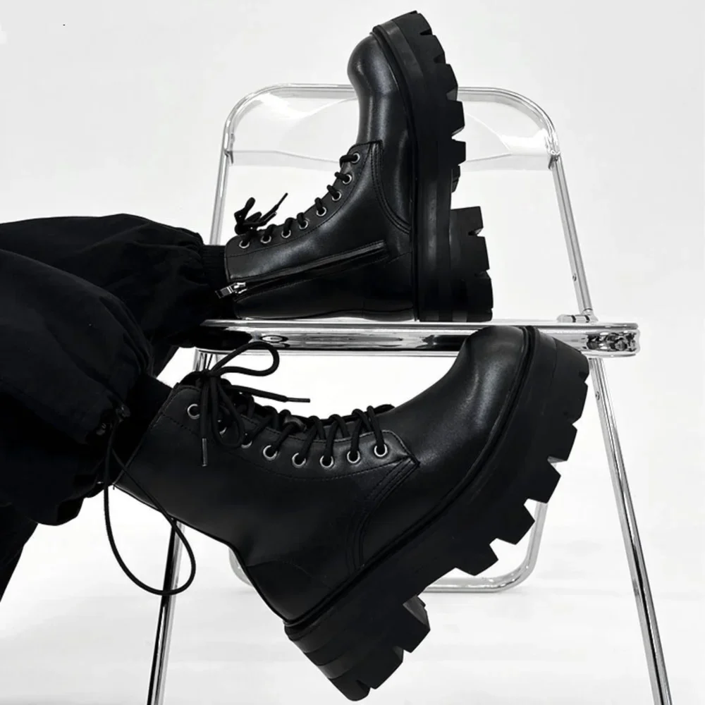 

Black Wedges Platform Mid Calf Boots Side Zipper Lace Up Motorcycle Boots 2024 Men/women Round Toe Leather Plush Snow Boots