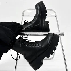Black Wedges Platform Mid Calf Boots Side Zipper Lace Up Motorcycle Boots 2024 Men/women Round Toe Leather Plush Snow Boots