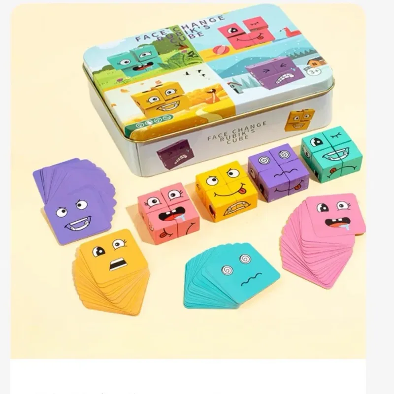Gioco di espressione delle emozioni per bambini Cubo di legno Tabellone che cambia il viso Puzzle di cartoni animati Giocattolo Giochi di sfida di pensiero Montessori