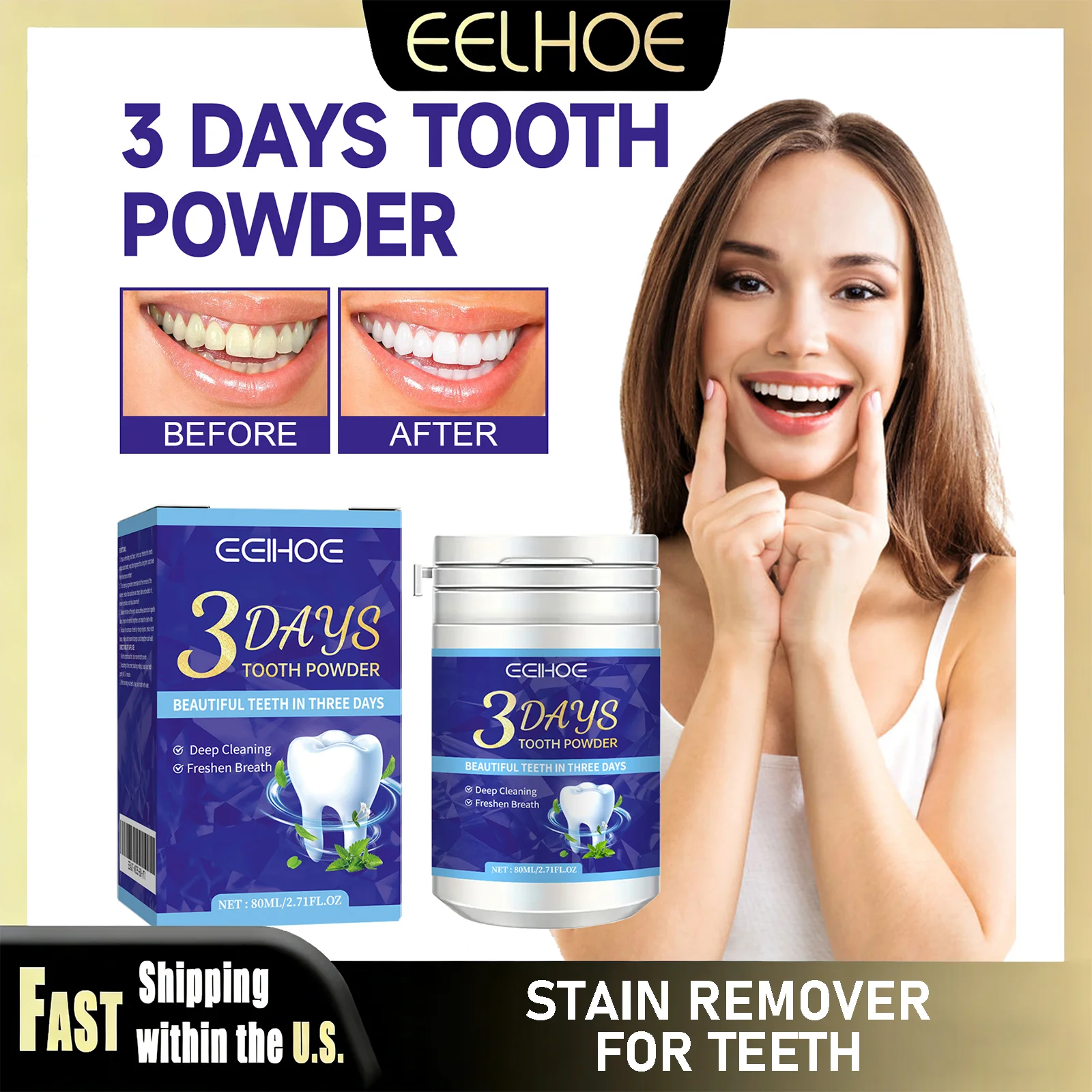 EELHOE Mint Flavored Tooth Powder Teeth Removing Deep Smoke Stains Fresh Breath Powder Effectively Cleans Oral Cavity Brightens