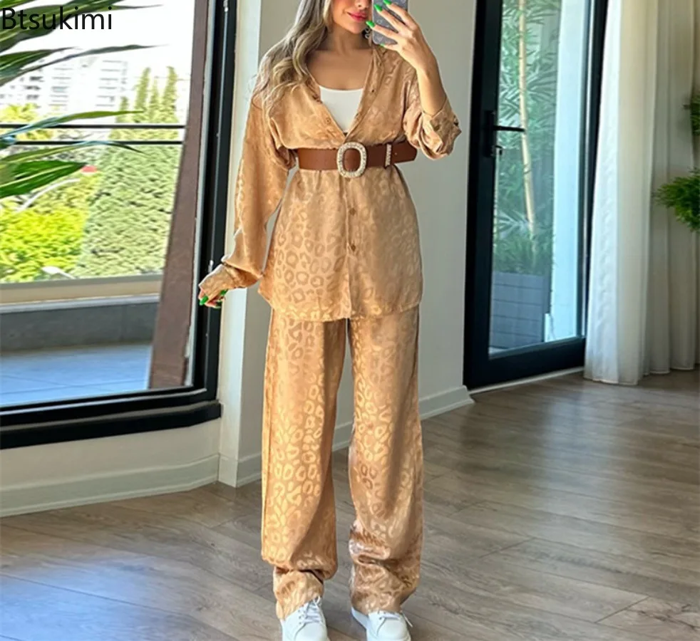 Fashion Women Matching Sets Spring Summer Satin Leopard Print Shirt Wide Leg Pants Loose Casual Two Piece Sets Ladies Streetwear