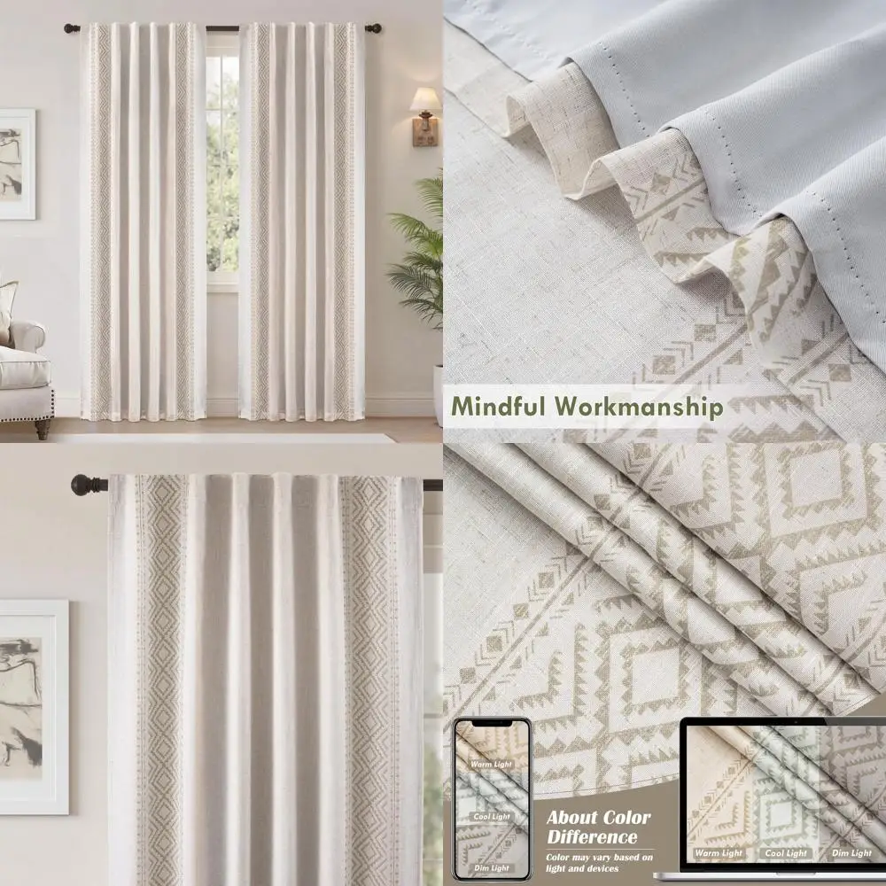 

Vintage Geo Pattern Linen Blackout Curtains, Double Layer Insulated, 84 L, Beige, for Living Room & Bedroom