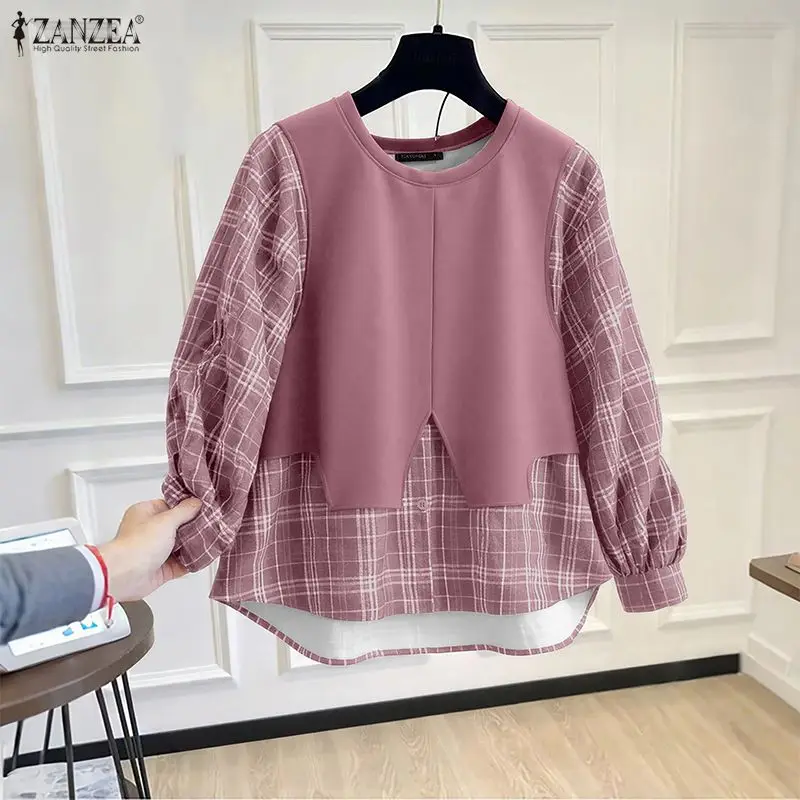 ZANZEA Vintage Plaid Bluse Frauen Langarm Patchwork Casual Shirts 2026 Frühling Herbst Mode Oansatz Lose Blusas Femininas