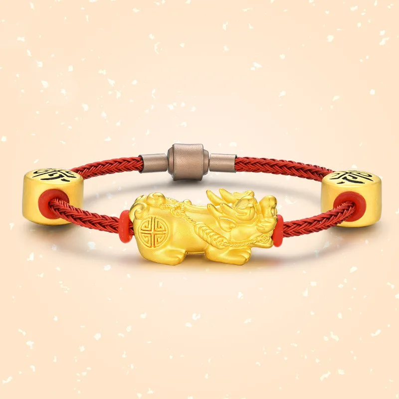 Pure 999 24K Yellow Gold Men Women Dragon Pixiu Beads Bracelet 3.2-3.4g