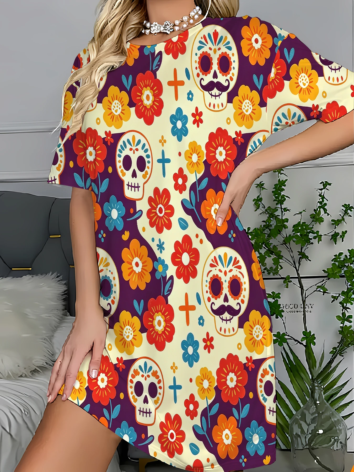 Oversized Sleep T-Shirt Dress Women All-Over Print Casual Homewear Nightgown