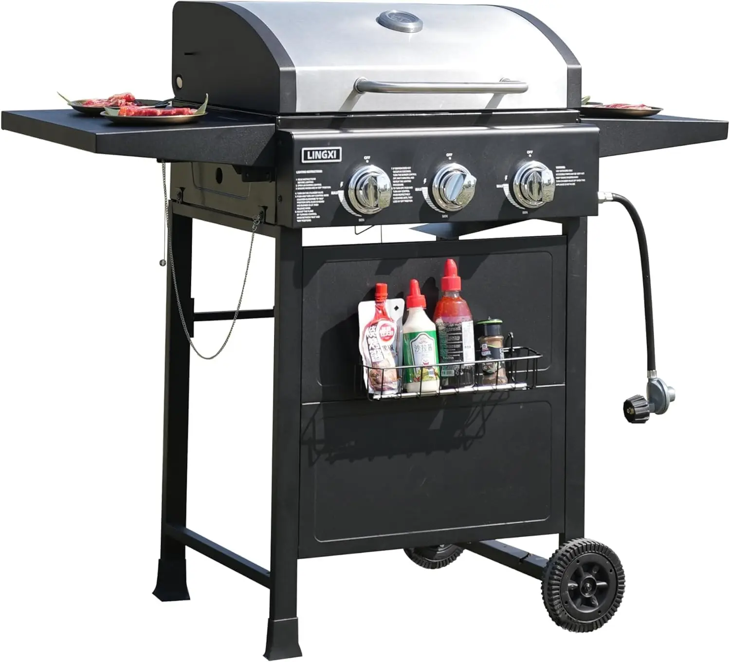 

grill gas 3-Burner Propane Grill, Gas Grill with front hanging basket, 30000 BTU barbecue grill, Grills outdoor cooking.
