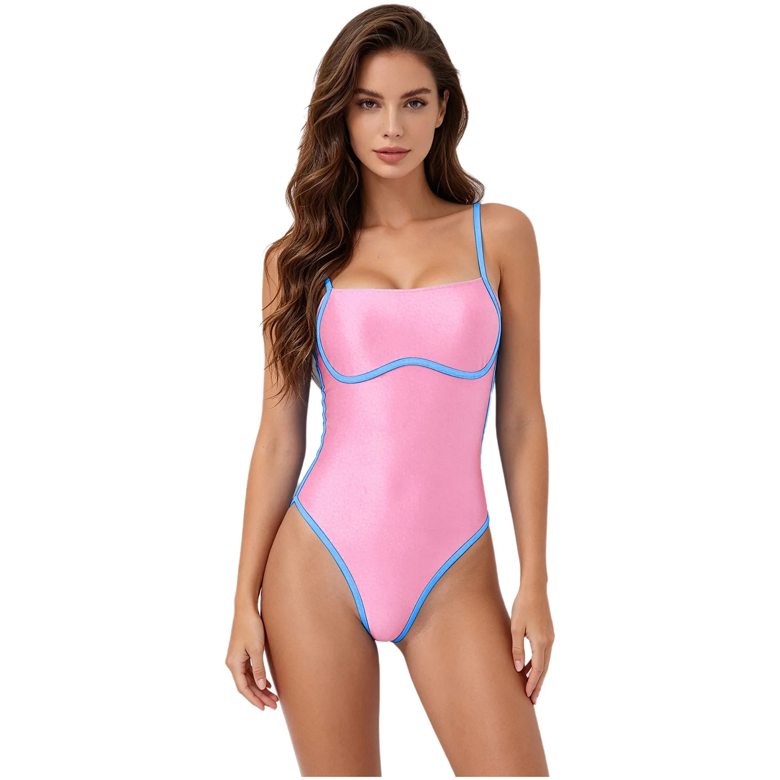 Damen Satin-Bodysuit Monokini Bademode mit Bügel, hoch geschnittener Badeanzug mit eckigem Ausschnitt, verstellbare Träger, einteiliger Badeanzug – Detail 3