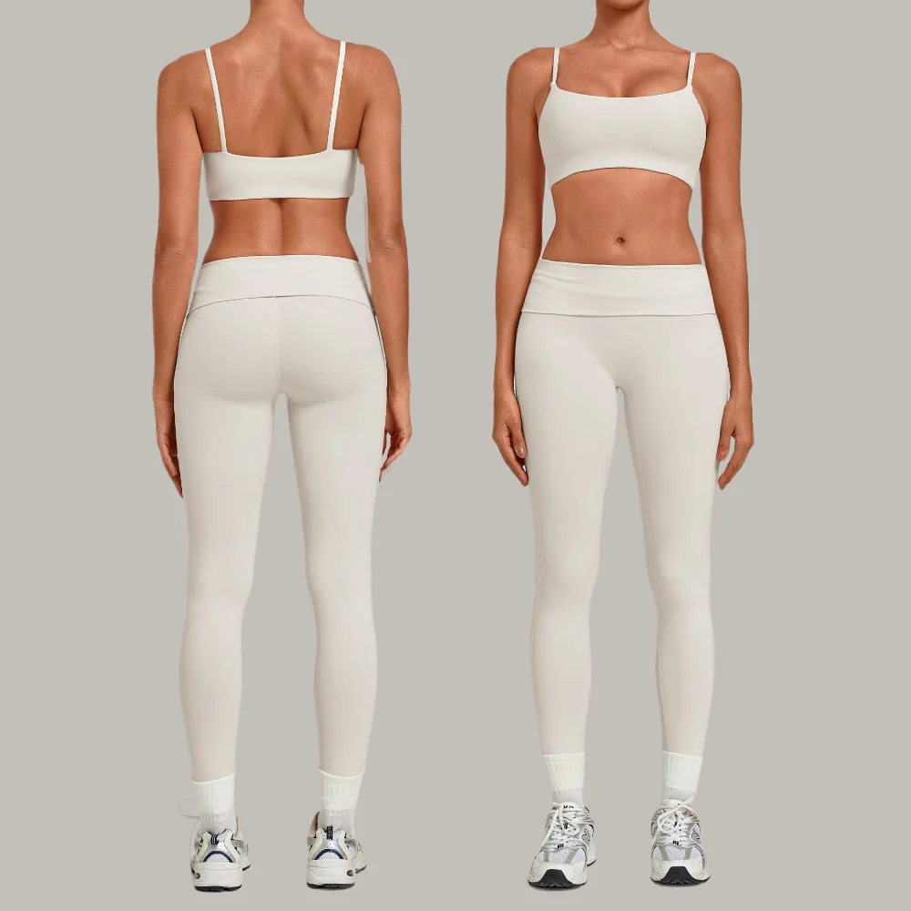 Women Yoga Set 2 Piece Fitness Suit Sports Bra High Waist Fold Waist Leggings Gym Workout Running Sportswear Tracksuit Outfits