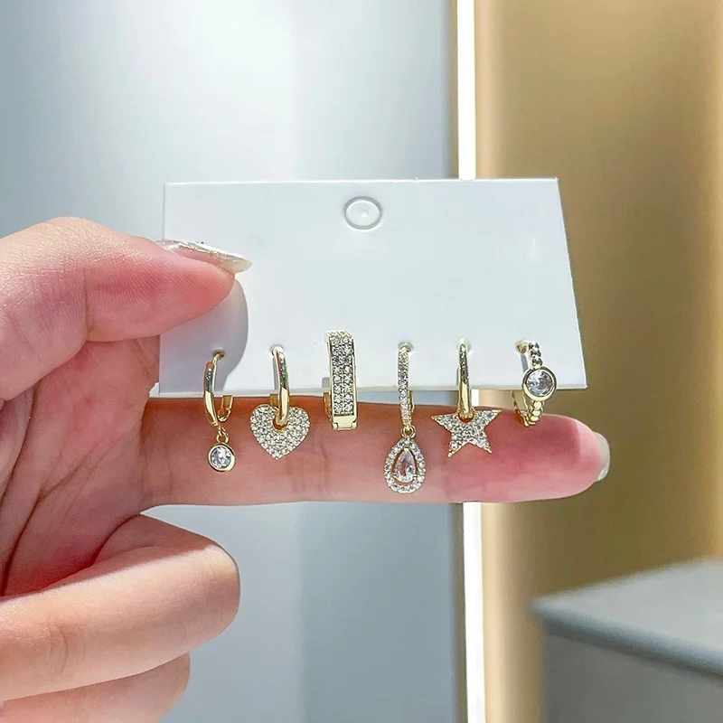 

925 Sterling Silver Zircon Square Hoop Earrings for Women 6-piece Star Heart Drop Shape Earring Set