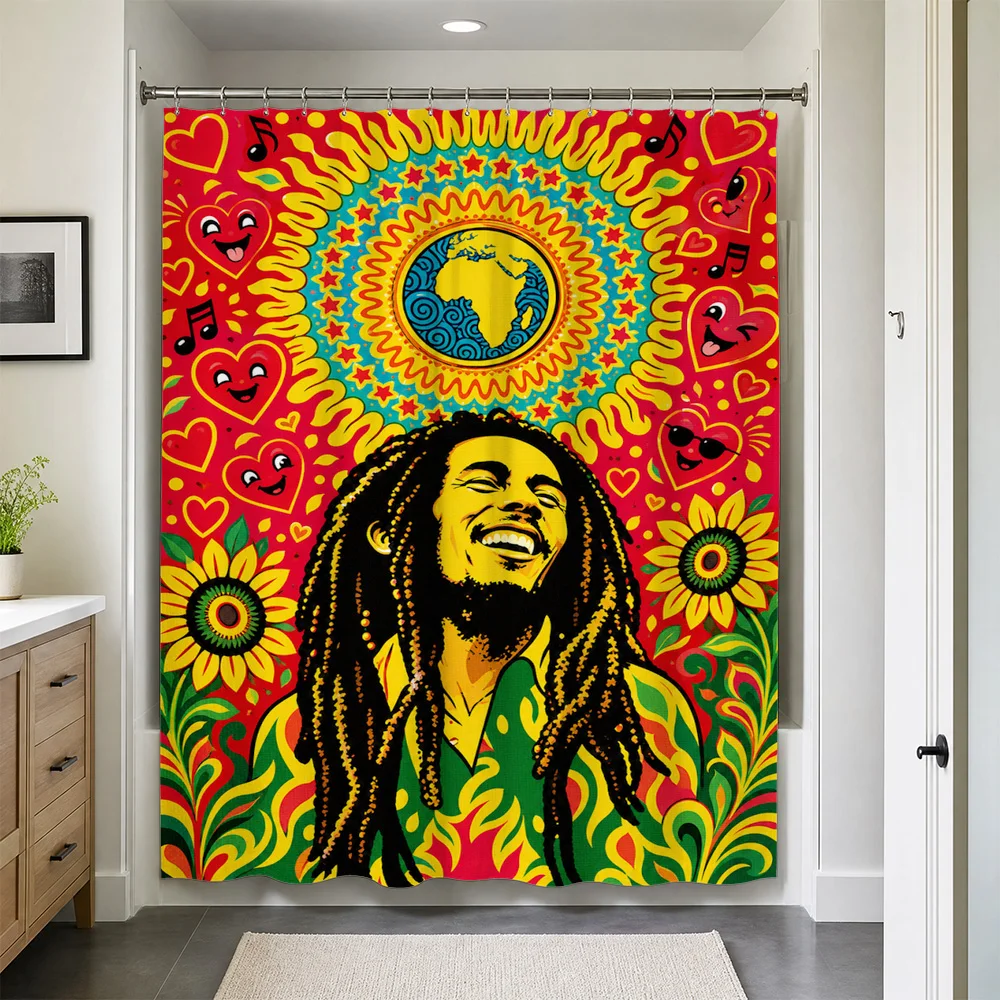 Waterproof Reggae Hippie Music Shower Curtain Rainbow Tropical Fun Art Bathroom Decor Curtain Liner Global Vibes Sun Flower Prin