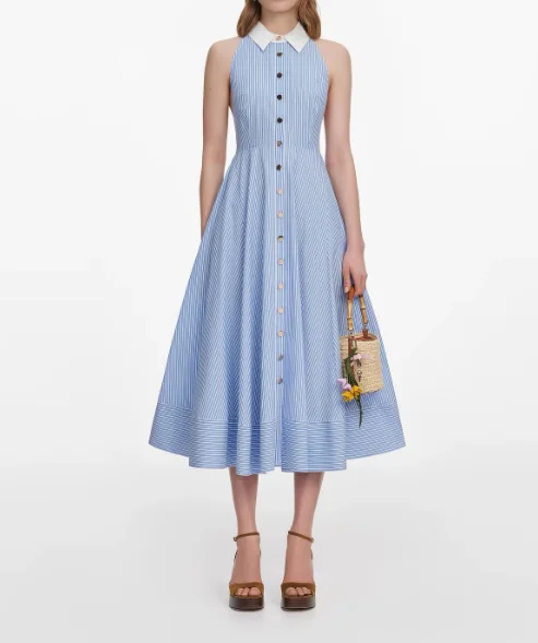 2026 Women Mist Blue Stripe Dress Turn-Down Collar Sleeveless Single Breasted Fashion Ladies Midi Robe ﻿