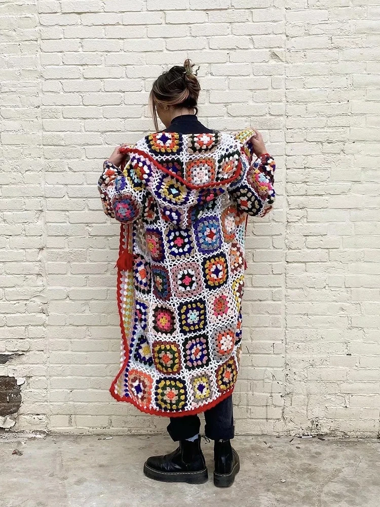 Bohemian Crochet Cardigan Women Autumn Winter Patchwork Vintage Jacket Coat Holiday Boho Handmade Long Cardigans New