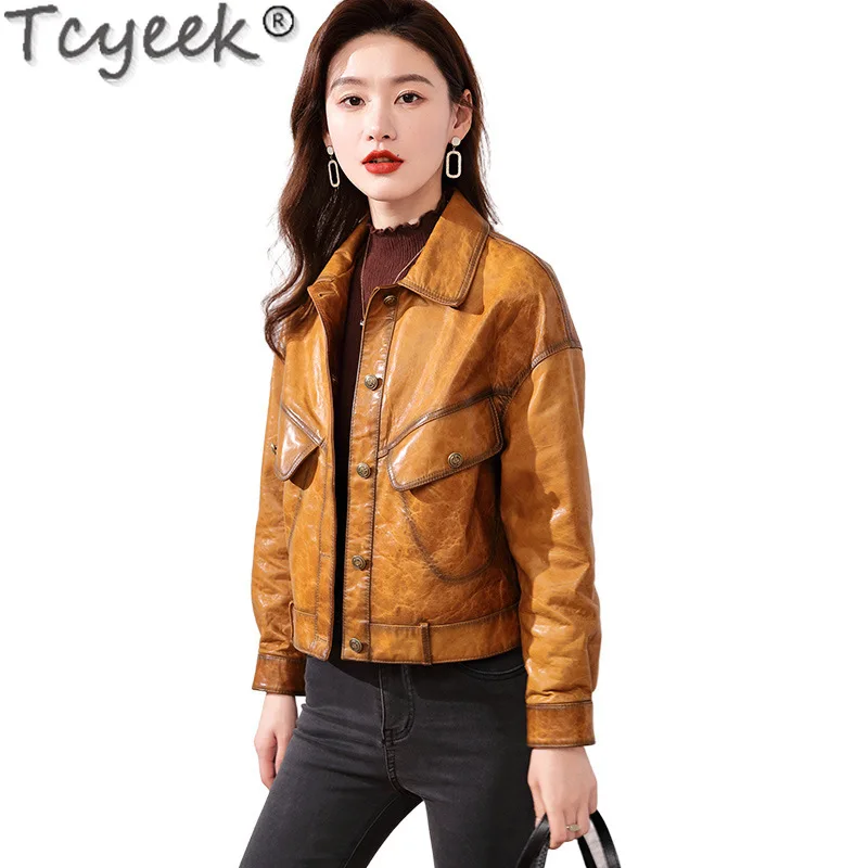 Tcyeek Veste en cuir véritable pour femme, vêtements d'automne, huile d'avertissement, manteau en peau de mouton, vestes en cuir pour femme, style court