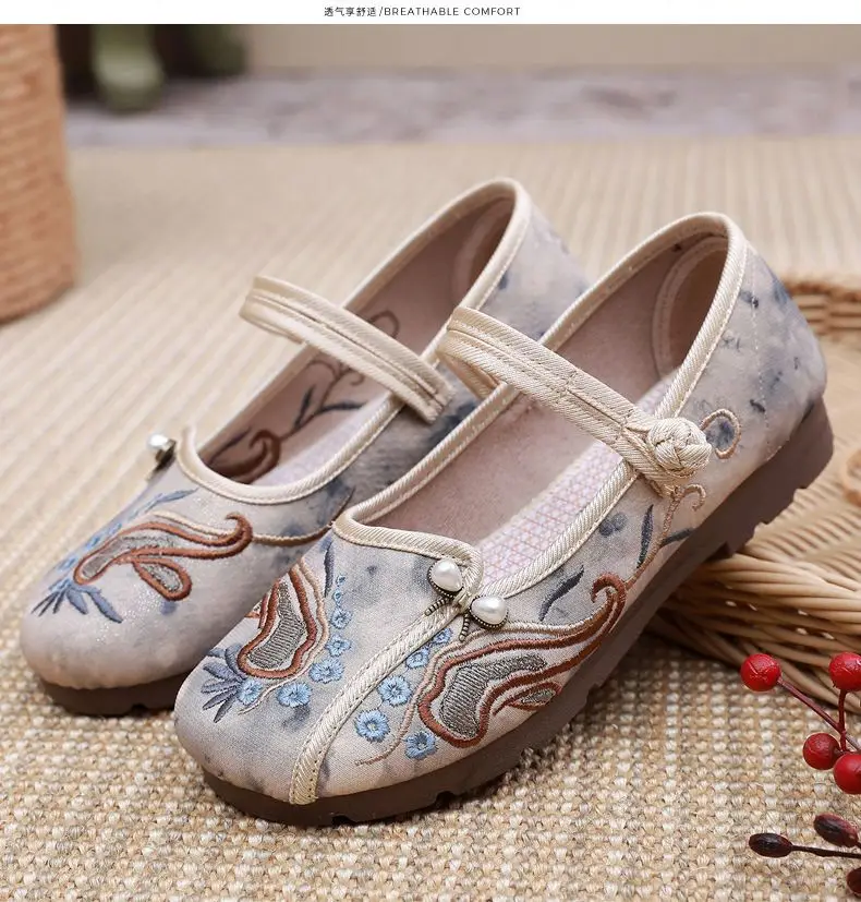 Women\'s mary jane elegant strappy flats woman vintage Chinese Beijing canvas Hanfu shoes elder lady Ancient embroidery shoes