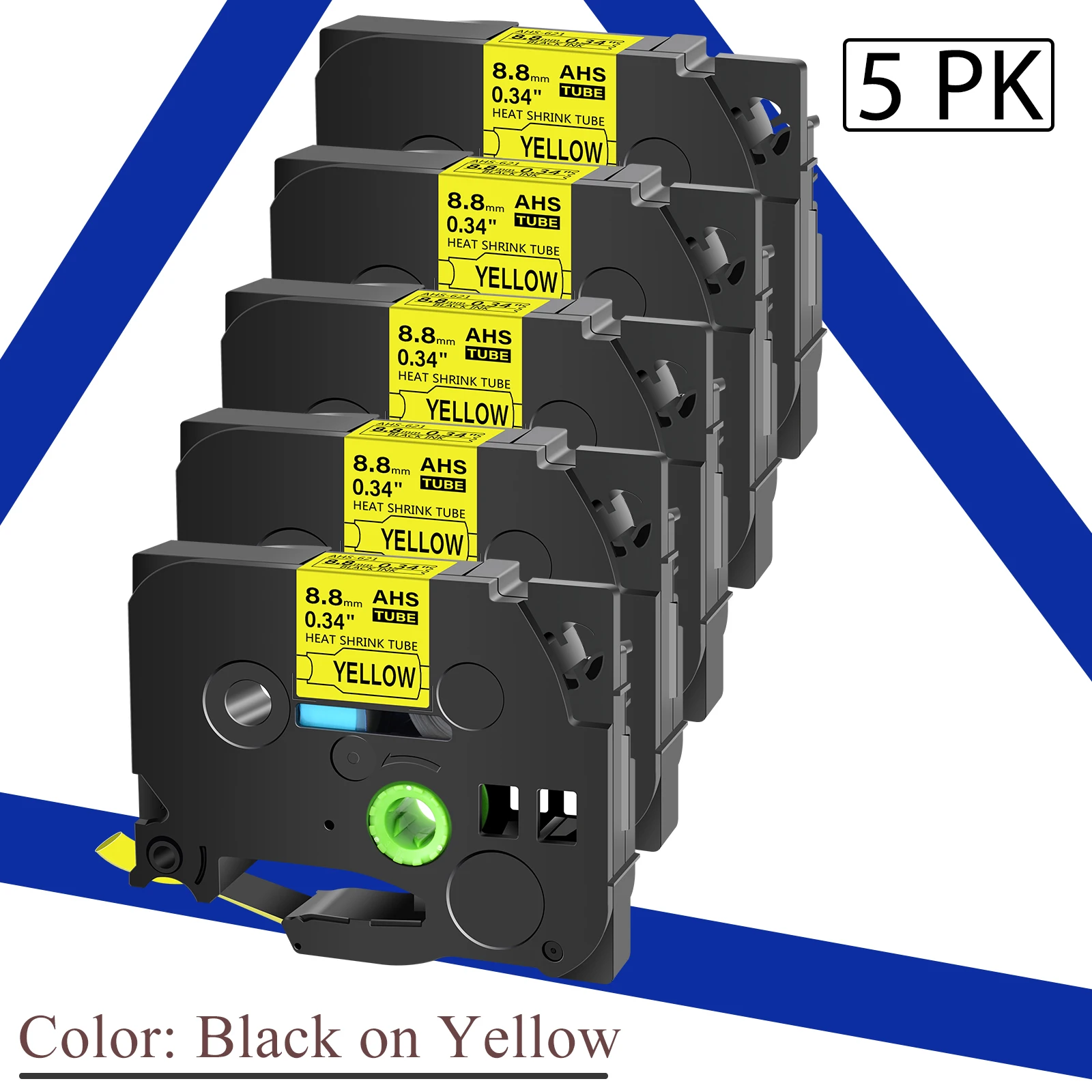 5PK Heat Shrink Tubes 8.8mm Compatible Brother Hse-621 Label Tape Black On Yellow Cartridge Cassette For P-Touch Label Printers