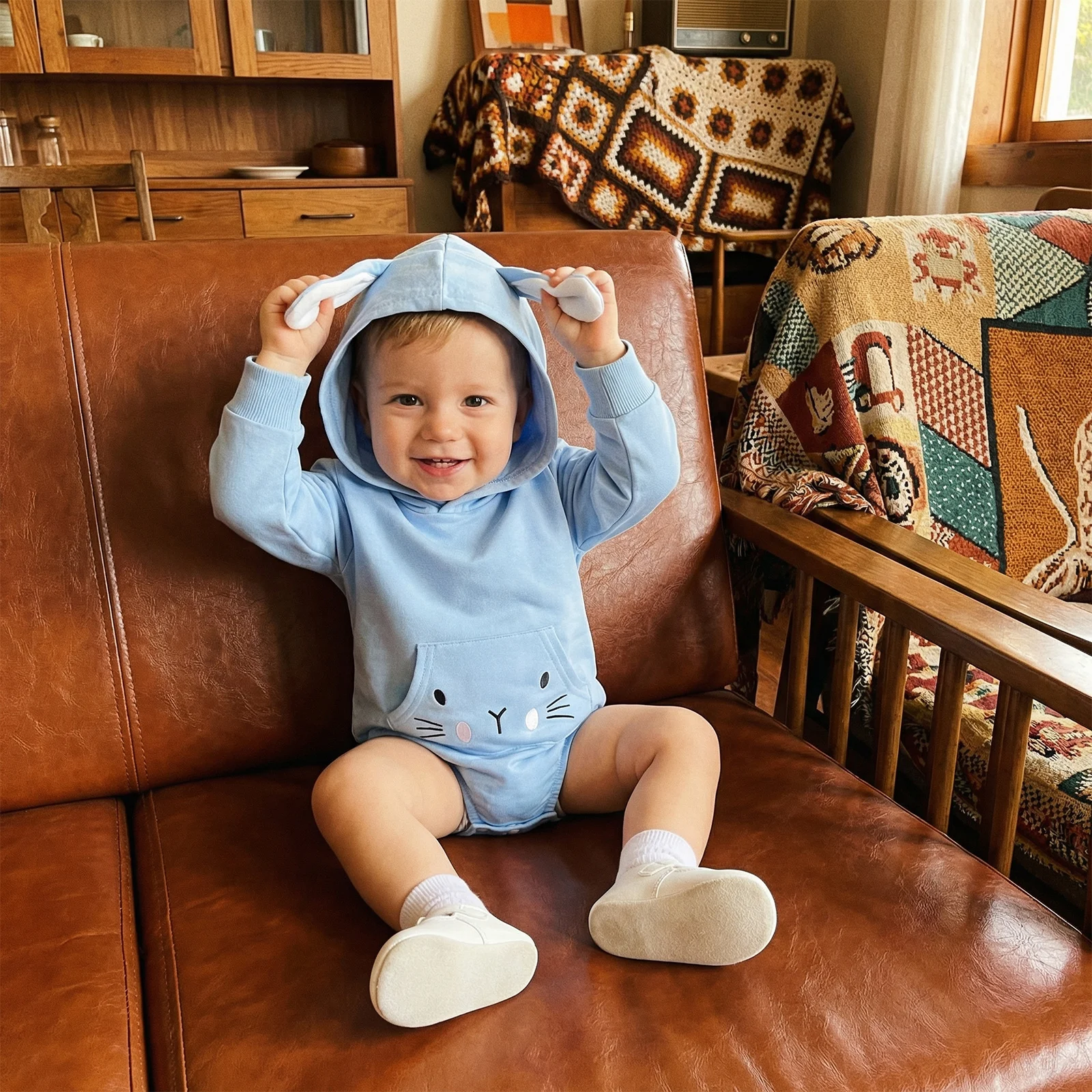 Baby Boy Girl Hooded Romper with Bunny Ears Easter Embroidered Long Sleeve Jumpsuit with Pocket Cute Infant Spring Clothes