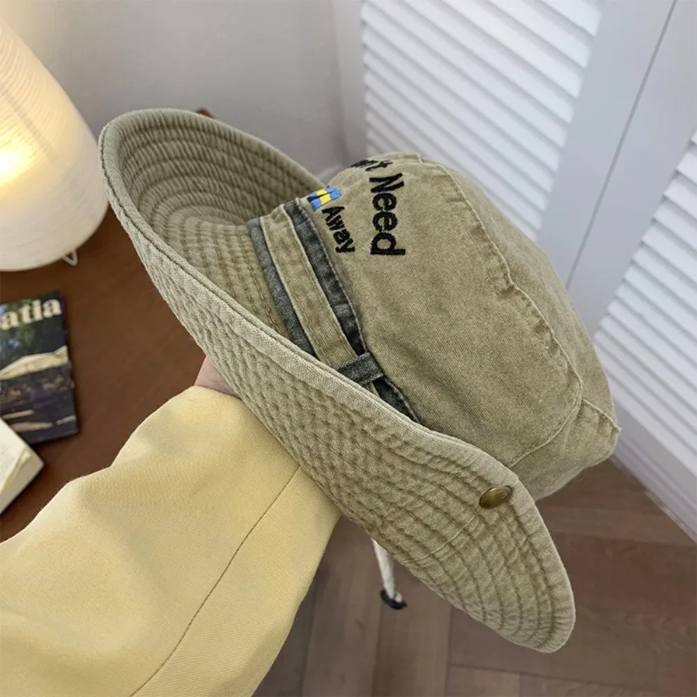 

Windproof Vintage Washed Denim Hat Wide Brim Sunscreen Fisherman Caps Letter Embroidery Drawstring Adjustable